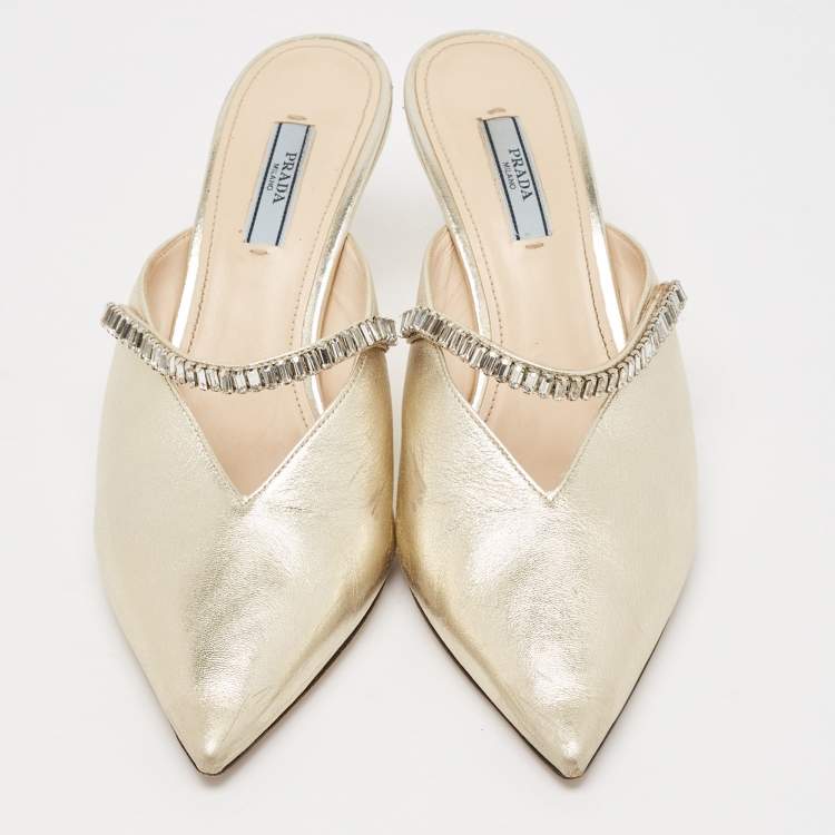 Pre Owned Prada Gold Leather Crystal Embellished Mules Size 40