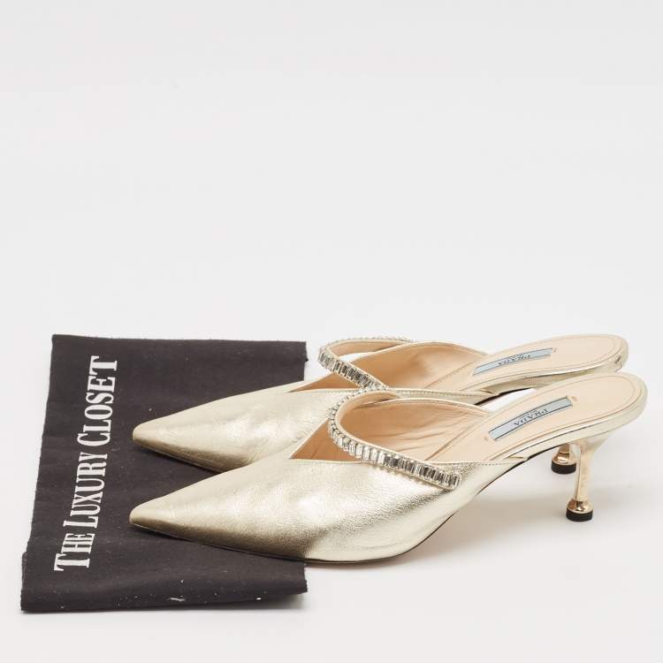 Pre Owned Prada Gold Leather Crystal Embellished Mules Size 40