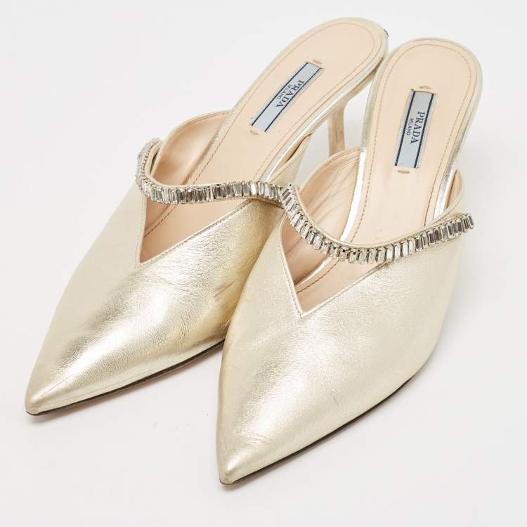 Pre Owned Prada Gold Leather Crystal Embellished Mules Size 40