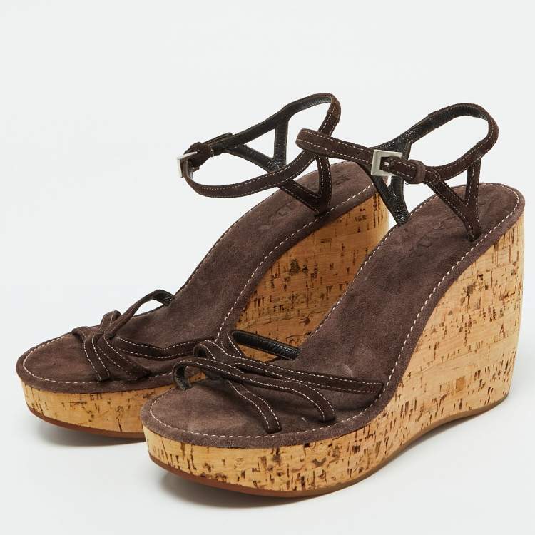 Pre Owned Prada Dark Brown Suede Cork Platform Wedge Ankle Strap Sandals Size 38.5