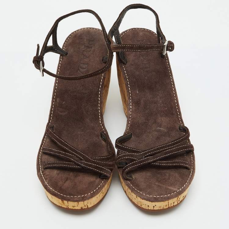 Pre Owned Prada Dark Brown Suede Cork Platform Wedge Ankle Strap Sandals Size 38.5