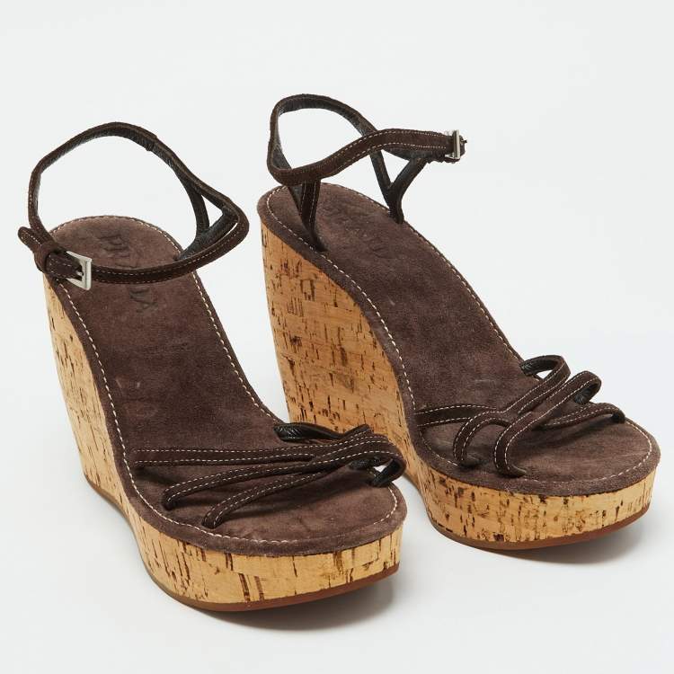 Pre Owned Prada Dark Brown Suede Cork Platform Wedge Ankle Strap Sandals Size 38.5