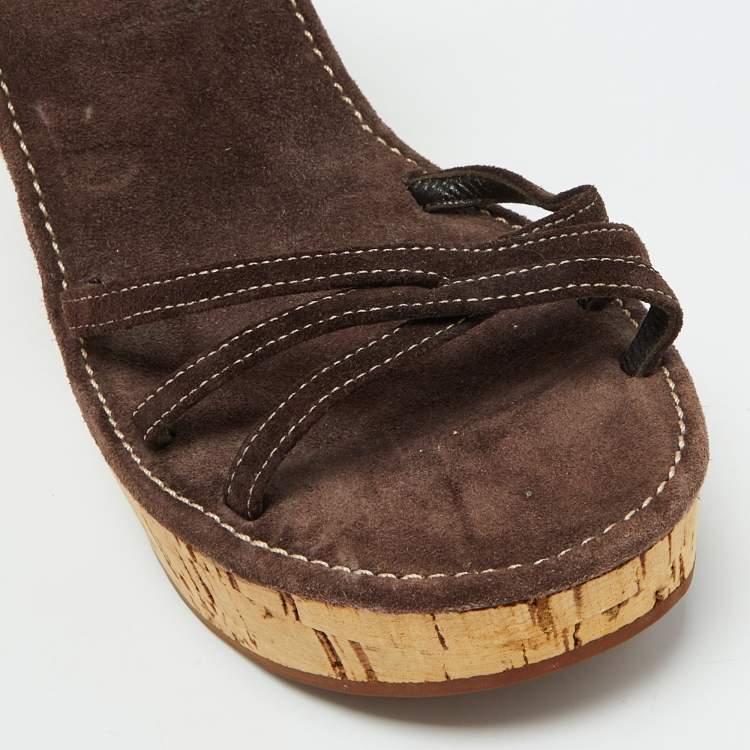 Pre Owned Prada Dark Brown Suede Cork Platform Wedge Ankle Strap Sandals Size 38.5