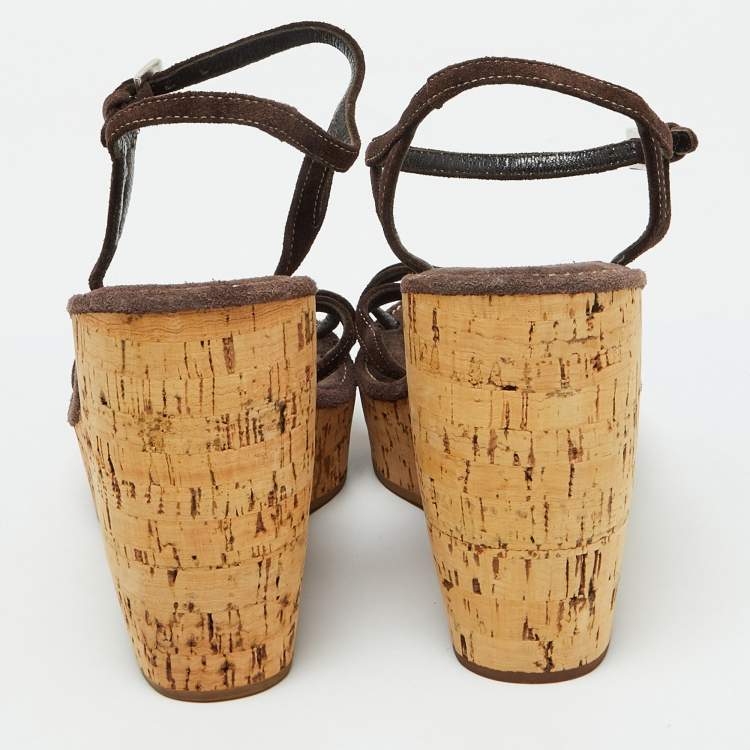 Pre Owned Prada Dark Brown Suede Cork Platform Wedge Ankle Strap Sandals Size 38.5