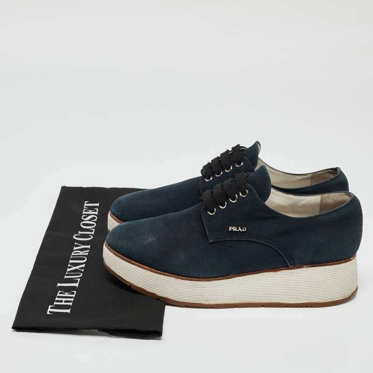 Pre Owned Prada Navy Blue Denim Platform Lace Up Sneakers Size 37