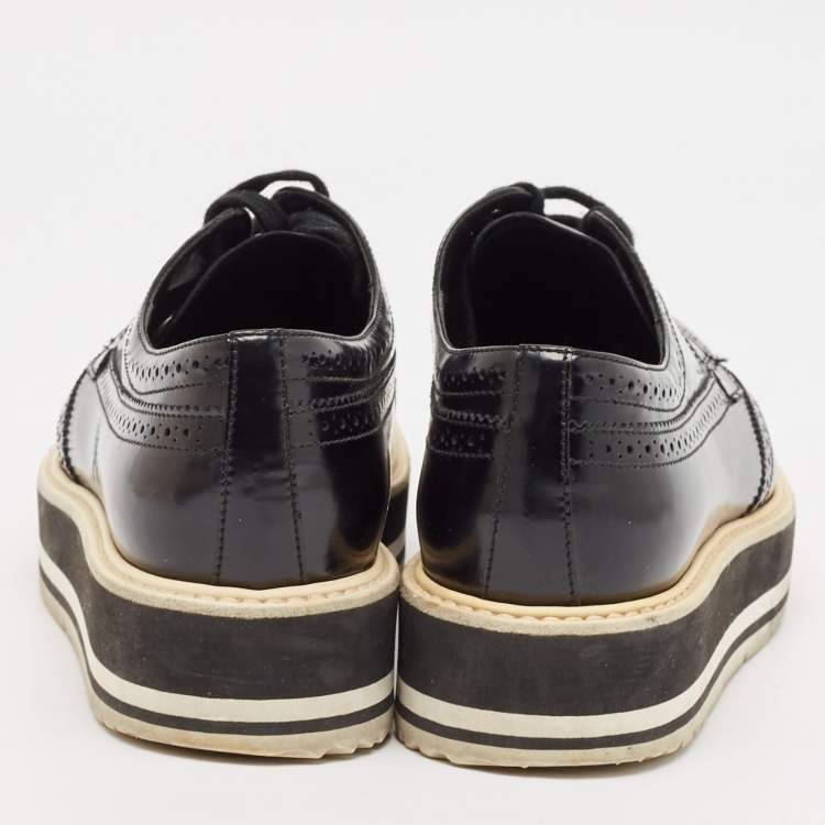 Pre Owned Prada Black Brogue Patent Leather Platform Derby Sneakers Size 38
