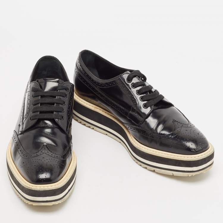 Pre Owned Prada Black Brogue Patent Leather Platform Derby Sneakers Size 38