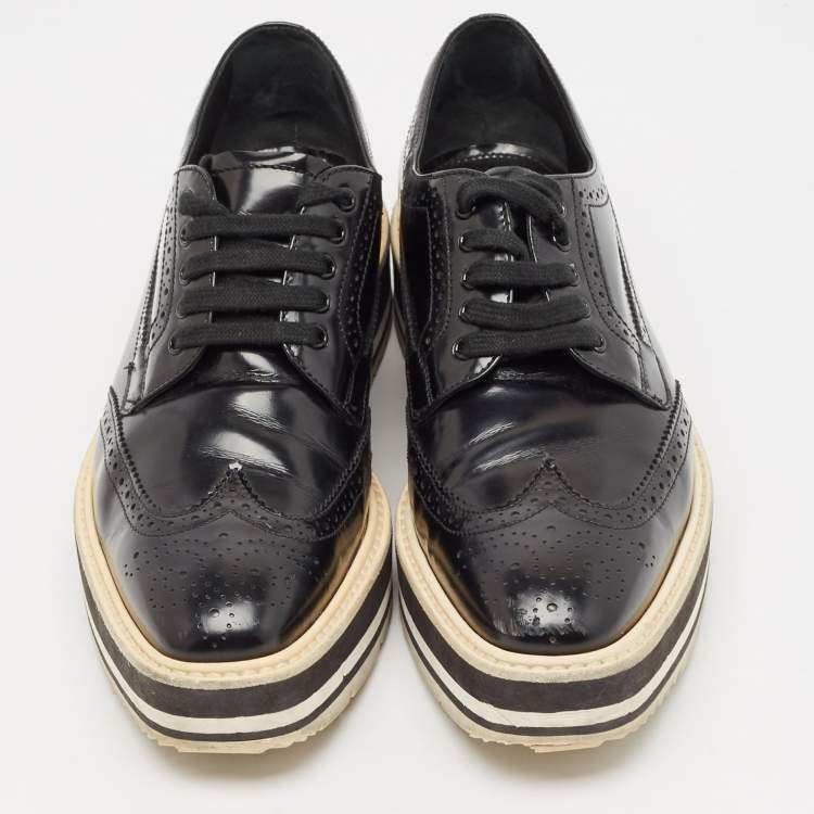 Pre Owned Prada Black Brogue Patent Leather Platform Derby Sneakers Size 38