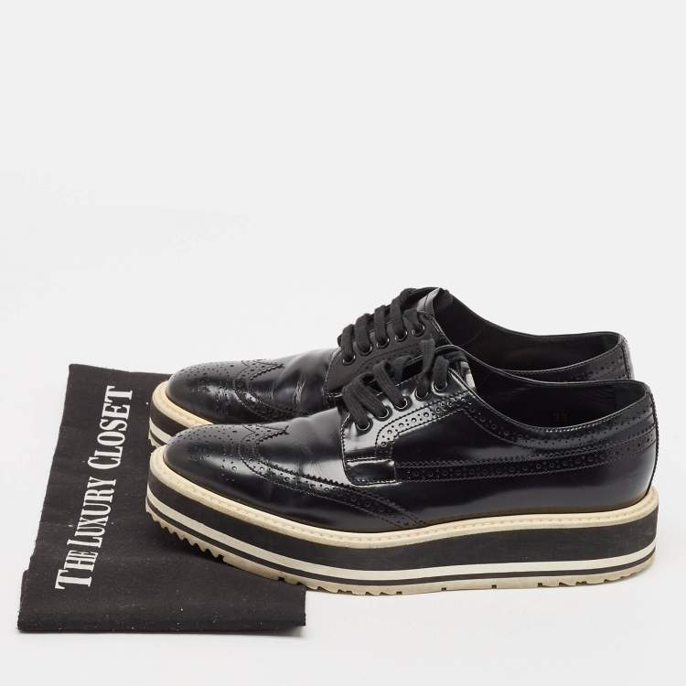Pre Owned Prada Black Brogue Patent Leather Platform Derby Sneakers Size 38