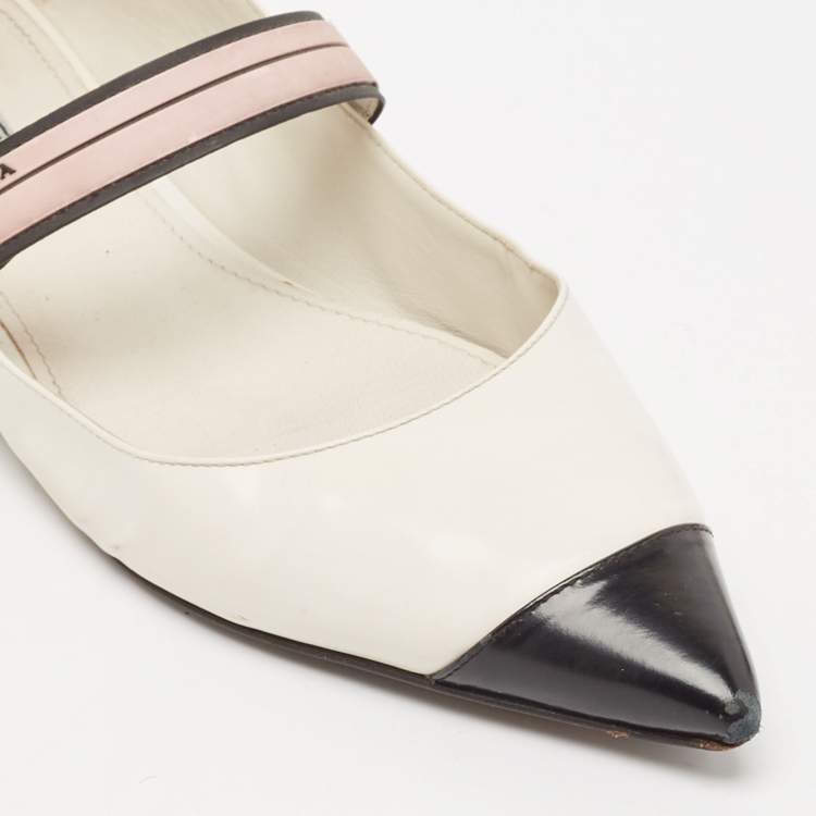 Pre Owned Prada White/Black Leather Mary Jane Flats Size 41.5 