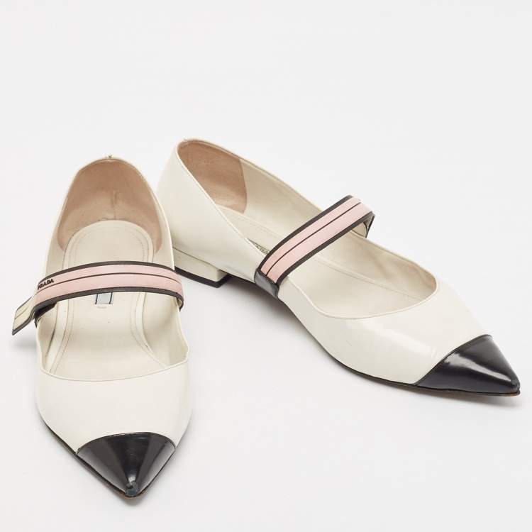 Pre Owned Prada White/Black Leather Mary Jane Flats Size 41.5 