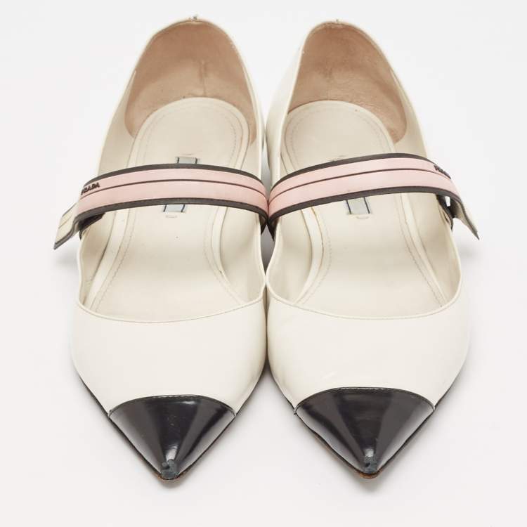 Pre Owned Prada White/Black Leather Mary Jane Flats Size 41.5 