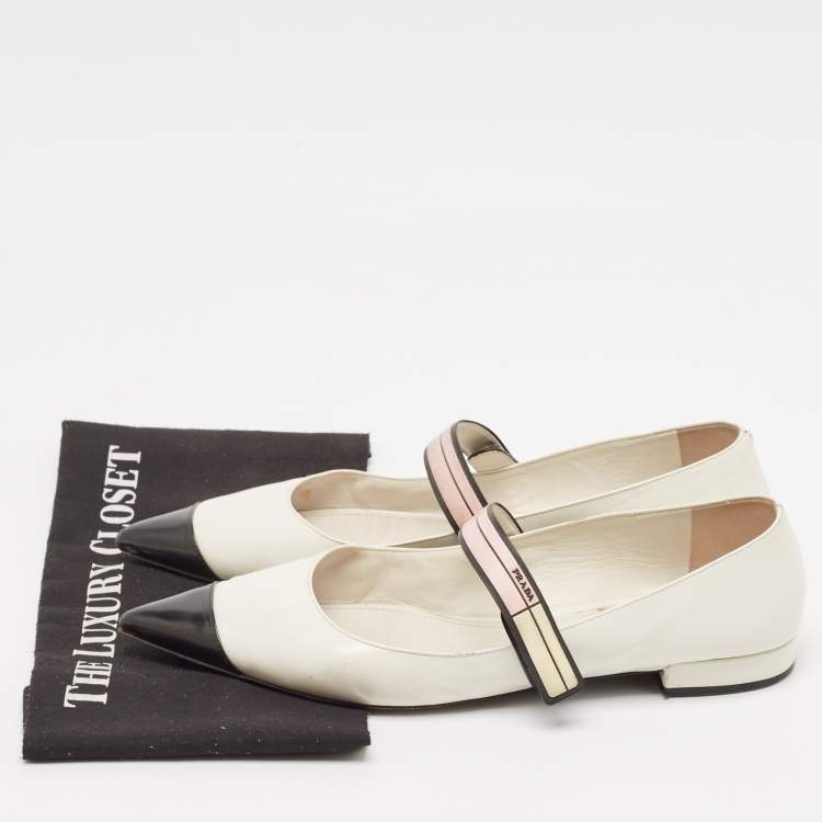 Pre Owned Prada White/Black Leather Mary Jane Flats Size 41.5 