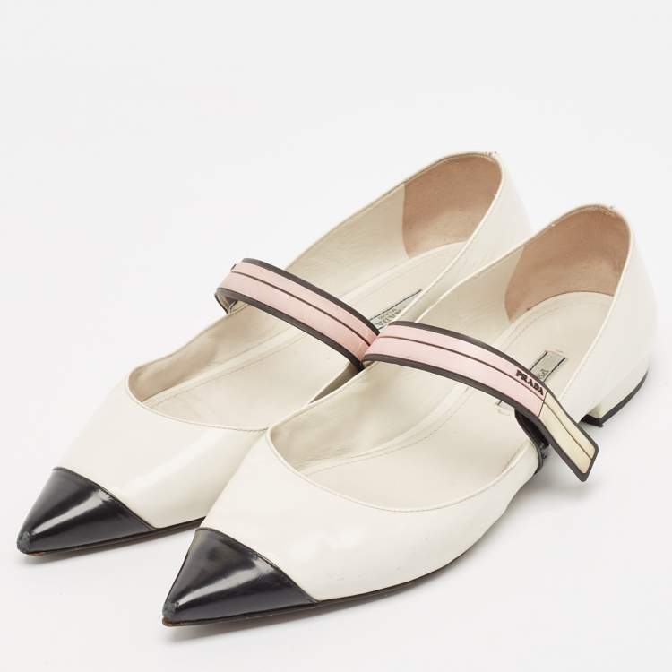 Pre Owned Prada White/Black Leather Mary Jane Flats Size 41.5 