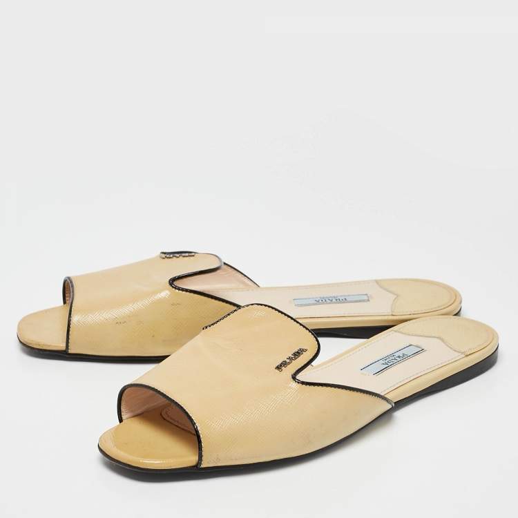 Pre Owned Prada Yellow Saffiano Leather Flat Slides Size 41