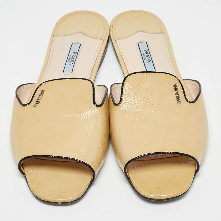 Pre Owned Prada Yellow Saffiano Leather Flat Slides Size 41