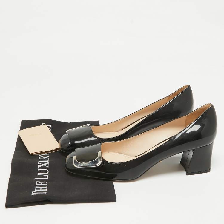 Pre Owned Prada Black Patent Leather Block Heel Pumps Size 38.5