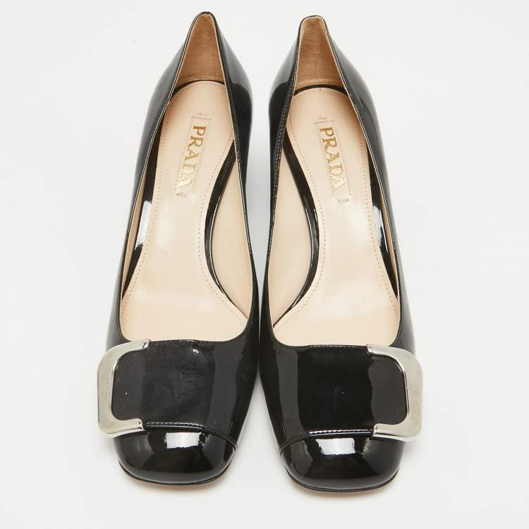 Pre Owned Prada Black Patent Leather Block Heel Pumps Size 38.5