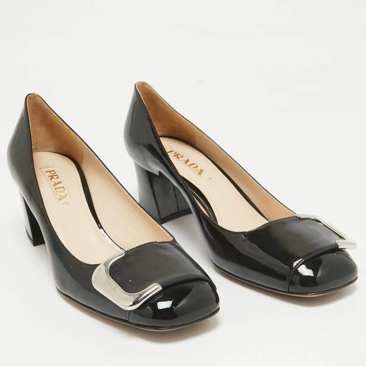 Pre Owned Prada Black Patent Leather Block Heel Pumps Size 38.5