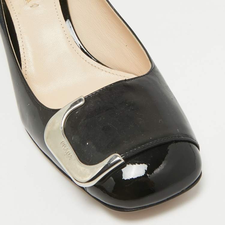 Pre Owned Prada Black Patent Leather Block Heel Pumps Size 38.5