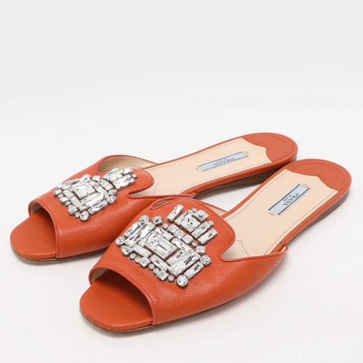 Pre Owned Prada Orange Saffiano Leather Embellished Flat Slides Size 41