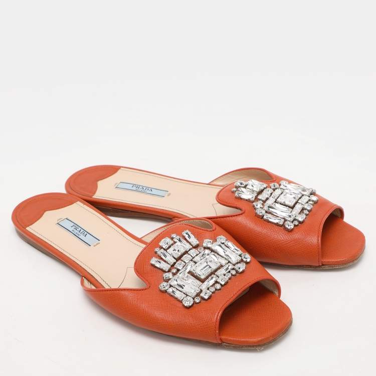 Pre Owned Prada Orange Saffiano Leather Embellished Flat Slides Size 41