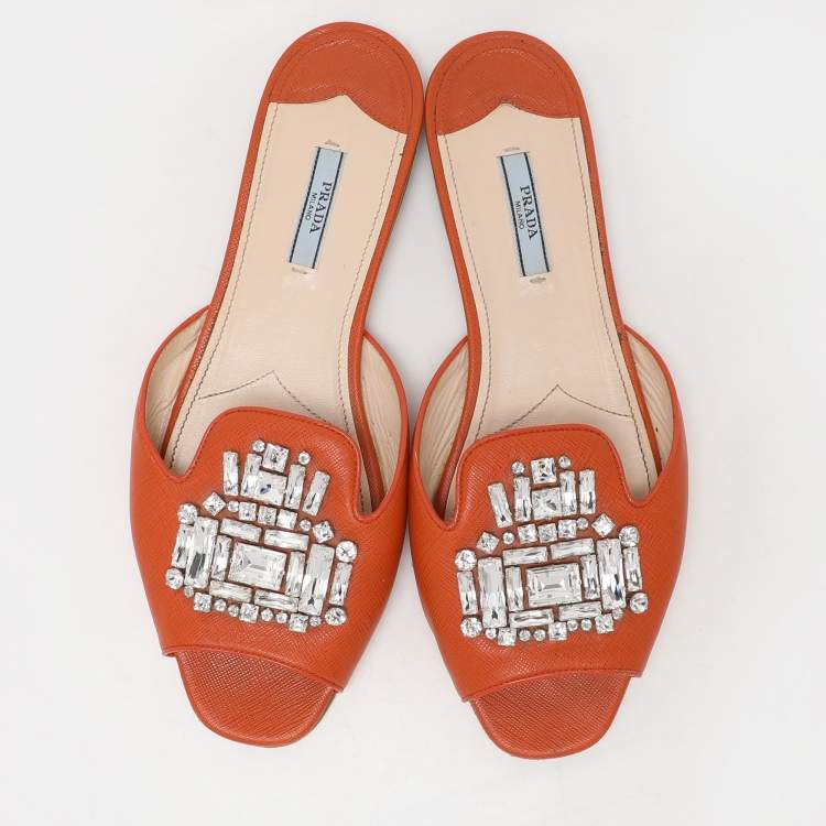 Pre Owned Prada Orange Saffiano Leather Embellished Flat Slides Size 41
