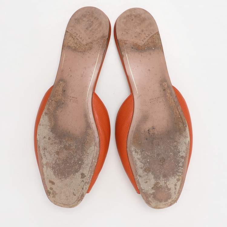 Pre Owned Prada Orange Saffiano Leather Embellished Flat Slides Size 41