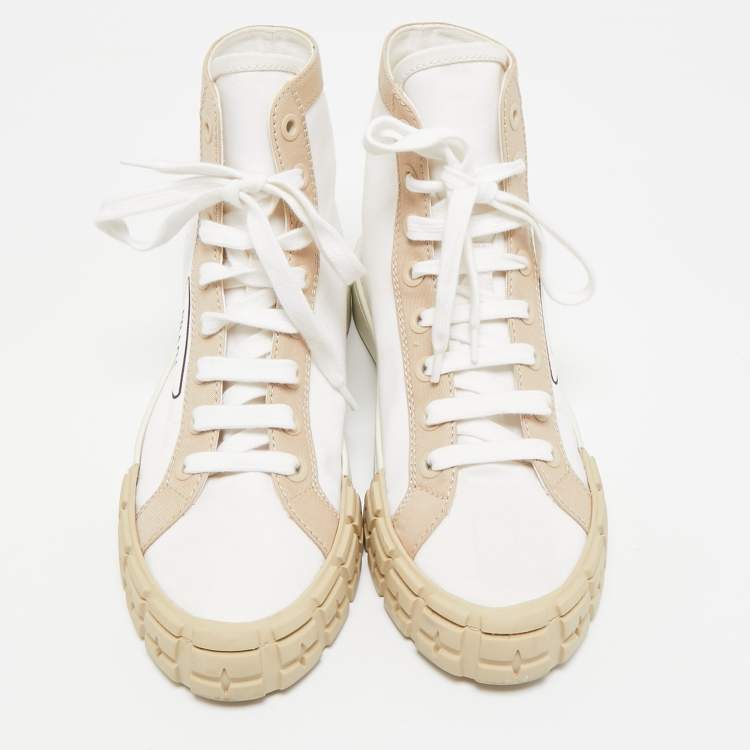 Pre Owned Prada White/Beige Canvas Gabardine High Top Sneakers Size 40