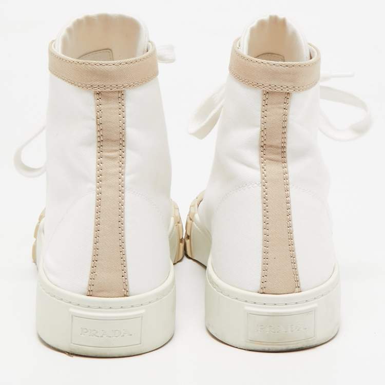Pre Owned Prada White/Beige Canvas Gabardine High Top Sneakers Size 40
