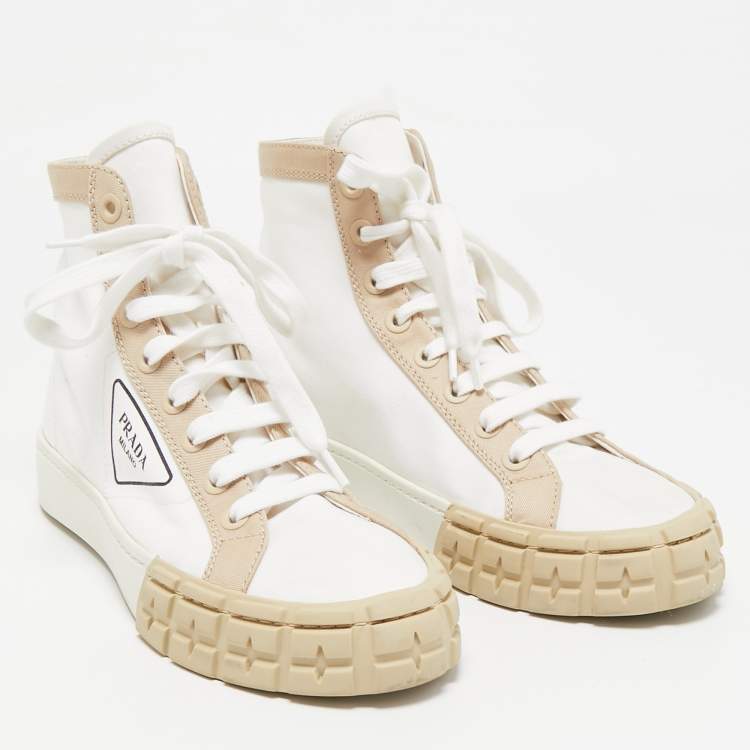 Pre Owned Prada White/Beige Canvas Gabardine High Top Sneakers Size 40