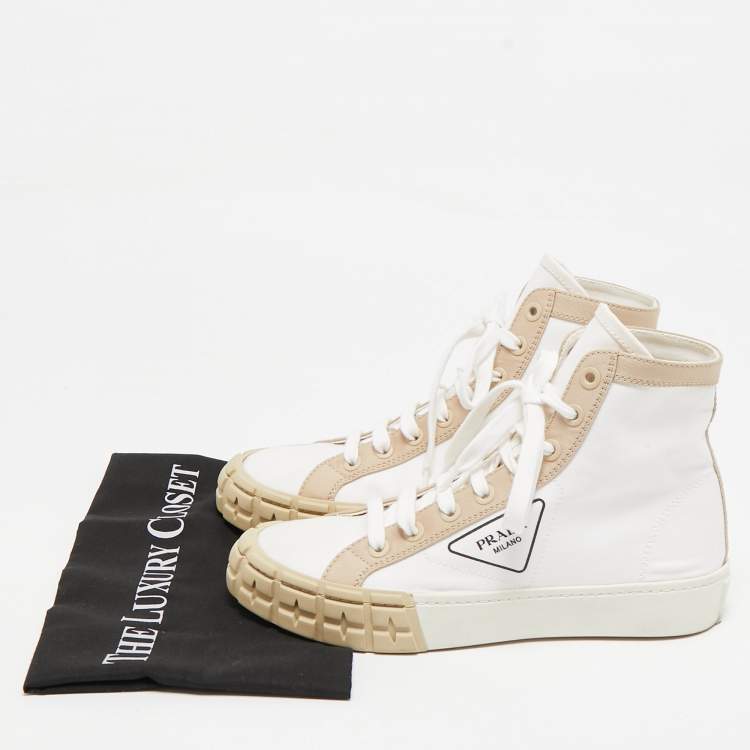 Pre Owned Prada White/Beige Canvas Gabardine High Top Sneakers Size 40