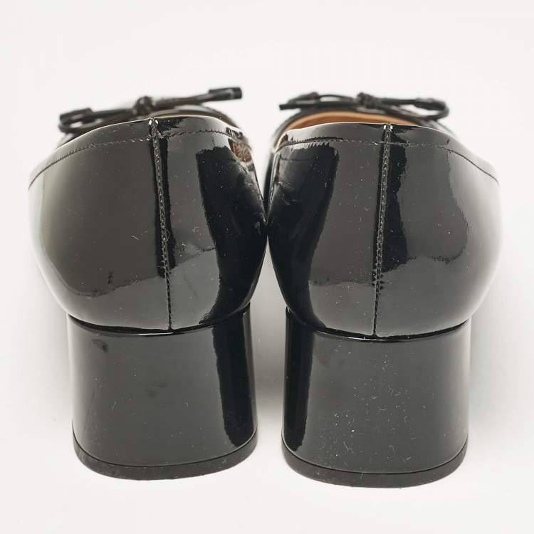 Pre Owned Prada Black Patent Leather Bow Cap Toe Block Heel Pumps Size 37