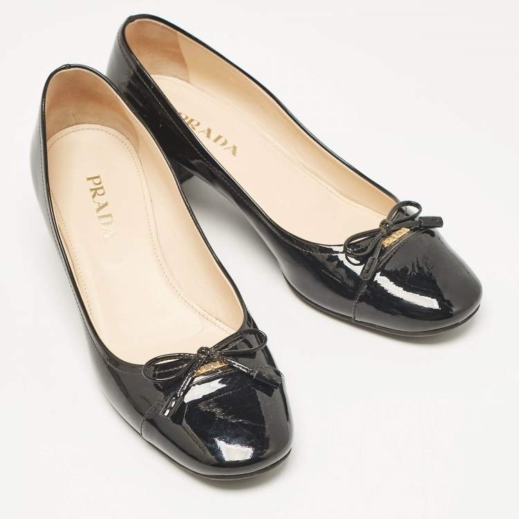 Pre Owned Prada Black Patent Leather Bow Cap Toe Block Heel Pumps Size 37
