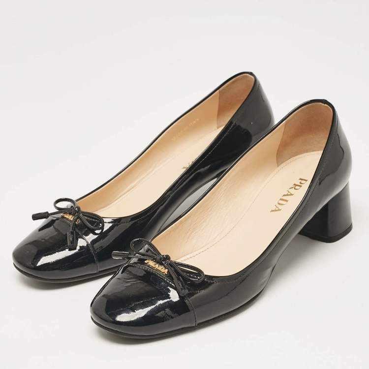 Pre Owned Prada Black Patent Leather Bow Cap Toe Block Heel Pumps Size 37