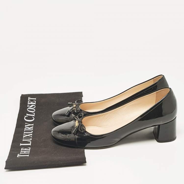 Pre Owned Prada Black Patent Leather Bow Cap Toe Block Heel Pumps Size 37