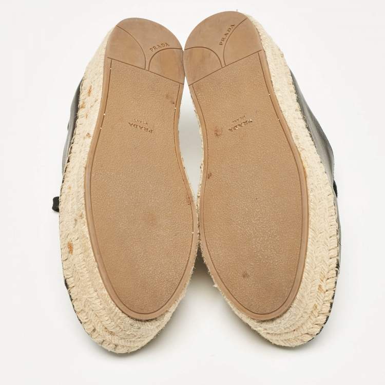 Pre Owned Prada Black Leather Espadrille Platform Lace Up Sneakers Size 36