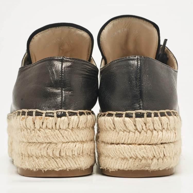 Pre Owned Prada Black Leather Espadrille Platform Lace Up Sneakers Size 36