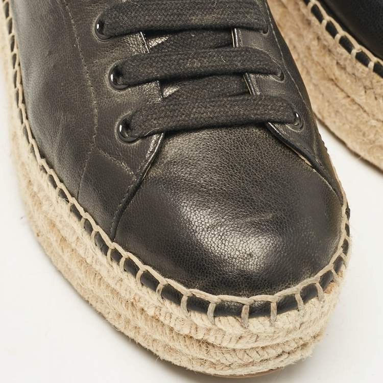 Pre Owned Prada Black Leather Espadrille Platform Lace Up Sneakers Size 36