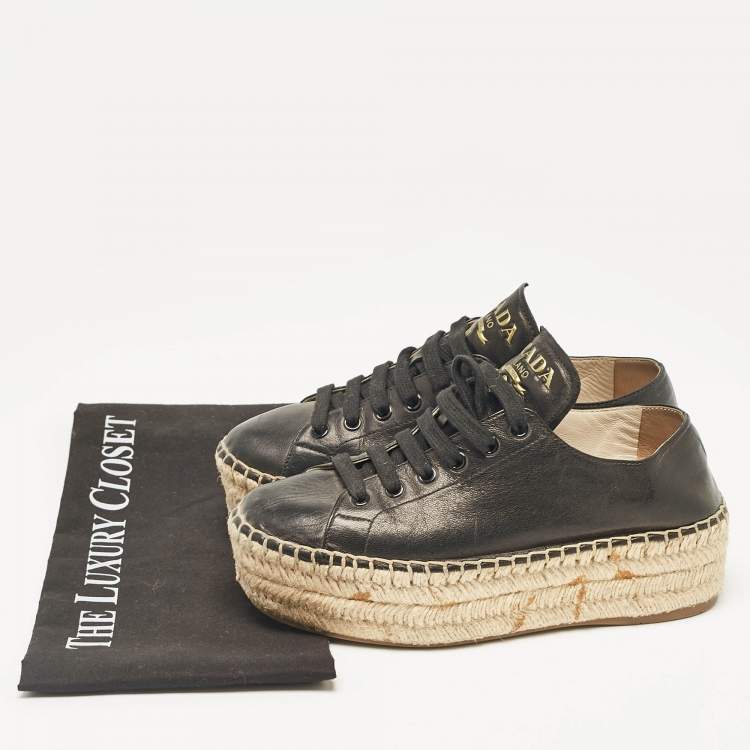 Pre Owned Prada Black Leather Espadrille Platform Lace Up Sneakers Size 36