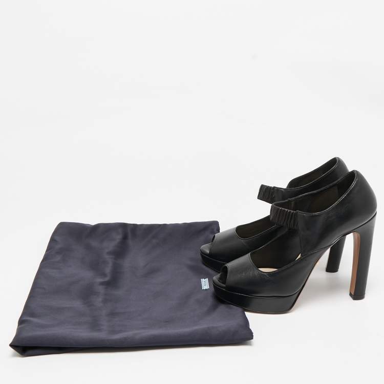 Pre Owned Prada Black Leather Peep Toe Mary Jane Platform Pumps Size 37.5