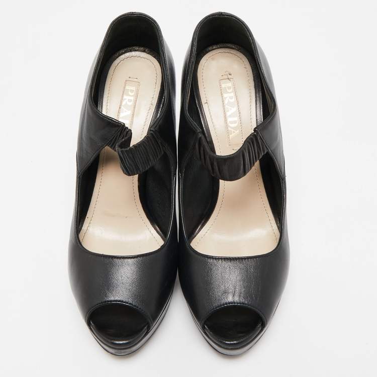 Pre Owned Prada Black Leather Peep Toe Mary Jane Platform Pumps Size 37.5