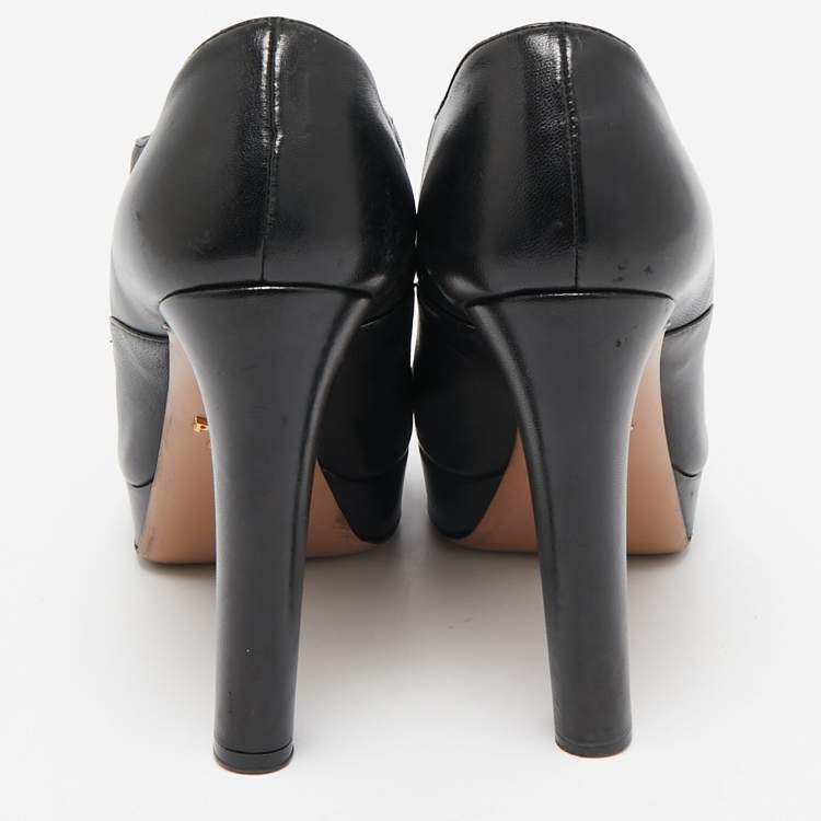 Pre Owned Prada Black Leather Peep Toe Mary Jane Platform Pumps Size 37.5