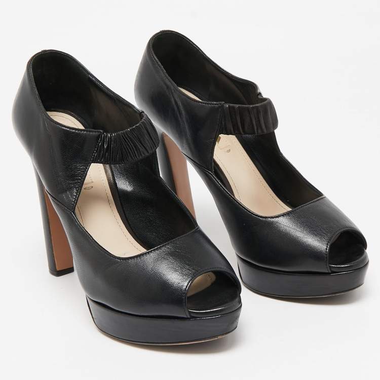 Pre Owned Prada Black Leather Peep Toe Mary Jane Platform Pumps Size 37.5