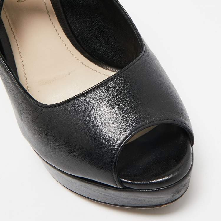 Pre Owned Prada Black Leather Peep Toe Mary Jane Platform Pumps Size 37.5