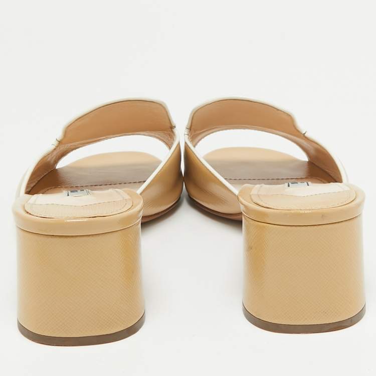 Pre Owned Prada Beige Patent Saffiano Leather Block Heel Slide Sandals Size 39
