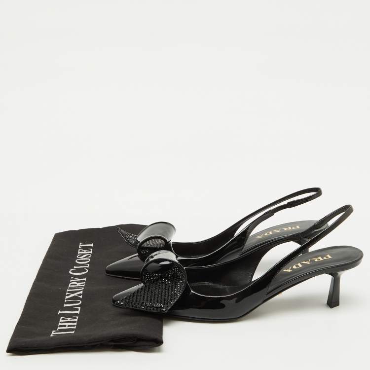Pre Owned Prada Black Patent Leather Crystal Embellished Slingback Pumps Size 37
