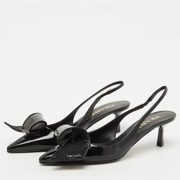 Pre Owned Prada Black Patent Leather Crystal Embellished Slingback Pumps Size 37