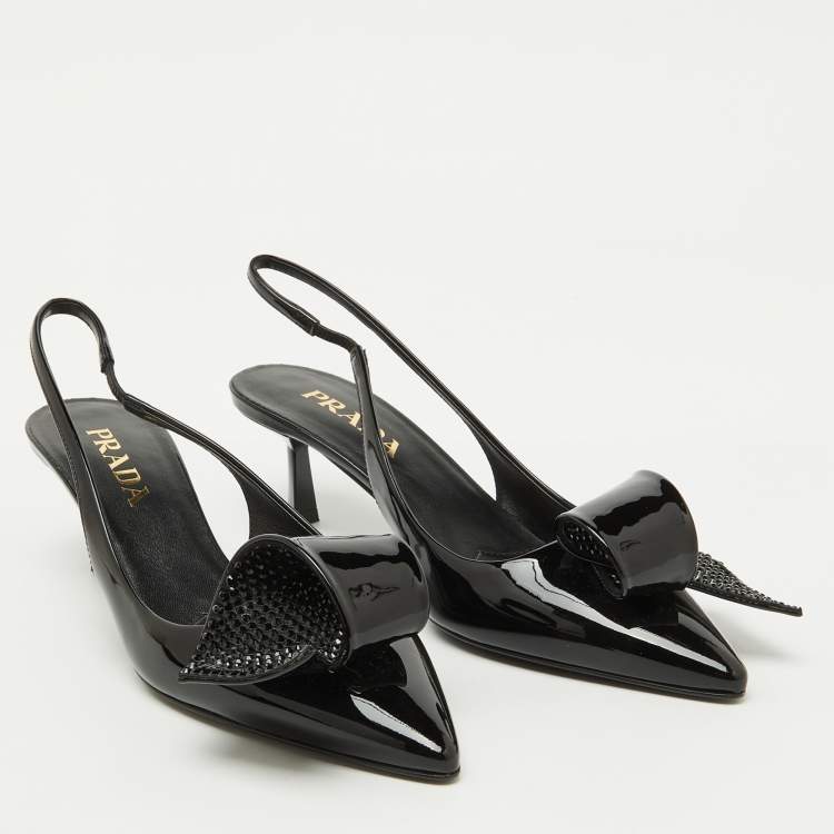 Pre Owned Prada Black Patent Leather Crystal Embellished Slingback Pumps Size 37