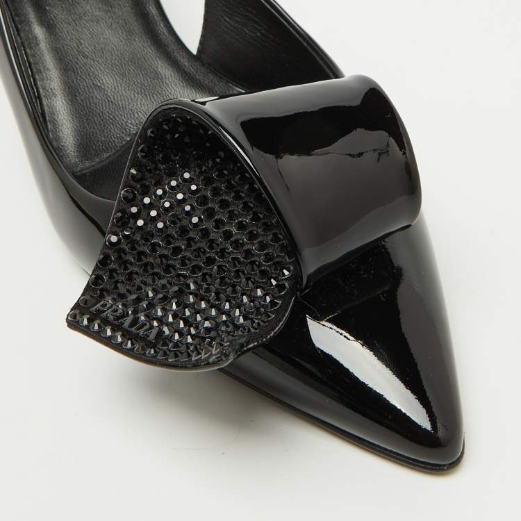 Pre Owned Prada Black Patent Leather Crystal Embellished Slingback Pumps Size 37